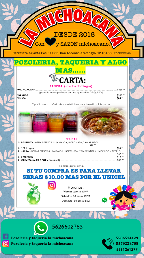 Carta de POZOLERIA & TAQUERIA LA MICHOACANA  en San Lorenzo ATEMOAYA , XOCHIMILCO — página 2